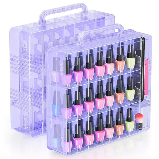Beloving 2pcs Nail Polish Organizer, Portable 48 Bottles Clear Nail Polish Holder with Adjustable Divider, Gel Nail Polish Storage Double Side Nail Polish Organizer Case for Nail Tech Purple
