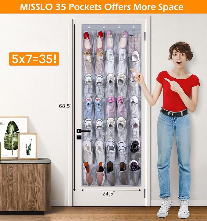 MISSLO 35 Large Pockets Over The Door Shoe Organizer Sturdy Oxford Fabric Hanging Shoe Rack Grey