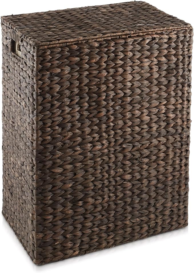 Casafield Large Laundry Hamper with Lid and Removable Liner Bag - Espresso Dark Brown, Woven Water Hyacinth Rectangular Laundry Basket Clothes Sorter