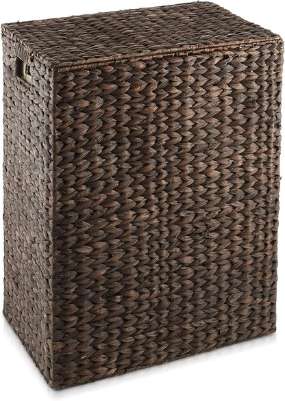 Casafield Large Laundry Hamper with Lid and Removable Liner Bag - Espresso Dark Brown, Woven Water Hyacinth Rectangular Laundry Basket Clothes Sorter