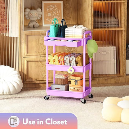 SUNALLY Makeup Cart Organizer with Drawers, Floor Skincare Organizers Vanity Storage Organizer, Rolling Makeup Bathroom Storage Cart Cosmetics Display Cases for Skin Care Perfume Nail Polish, Purple