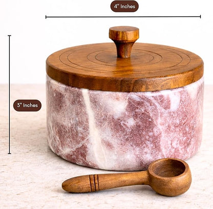 Marble salt cellar with lid and spoon, salt container with spoon, salt bowl with acacia wood lid, salt holder for countertop, salt jar - Red