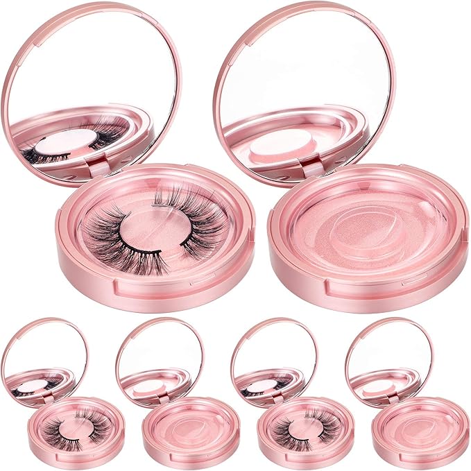 Maitys 6 Pcs Eyelash Storege Box with Mirror,Circle Eyelash Packaging Holder Case Empty Box with Holder Organizer Container for Travel Storage Cosmetic Women Ladies (Rose Gold)