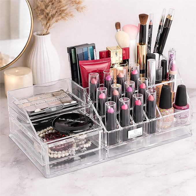 Decozen Makeup Organizer - Vanity Storage with Multiple Compartments and Drawers for Brushes, Lipsticks, Jewelry, Perfect for makeup organizer countertop, makeup holders and organizers, Gift for Mom