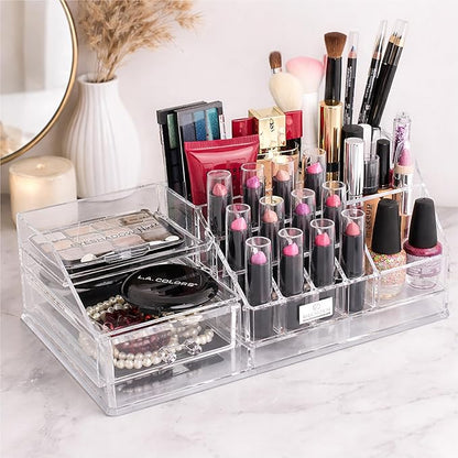Decozen Makeup Organizer - Vanity Storage with Multiple Compartments and Drawers for Brushes, Lipsticks, Jewelry, Perfect for makeup organizer countertop, makeup holders and organizers, Gift for Mom