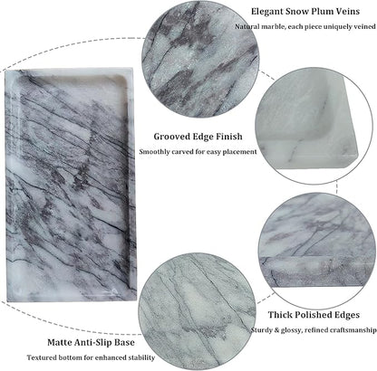 White Marble Vanity Tray – 10.63"x5.91" Rectangular Natural Stone Organizer for Bathroom Perfume Makeup Jewelry Dresser Entryway