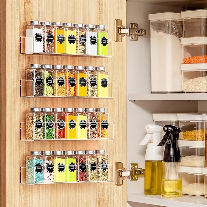 Wall Mounted Acrylic Spice Rack 4 Pack, 9 Inch Clear Pantry Door Organizer, Floating Spice Organizer, Adhesive or Screw Mounted Cabinet Seasoning Shelf