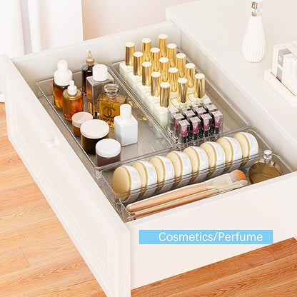 3 Pack Clear Plastic Drawer Organizer Tray Cutlery Utensil Makeups Drawer Silverware Organizers 12" X 6"&12＂X3＂(9Pack)