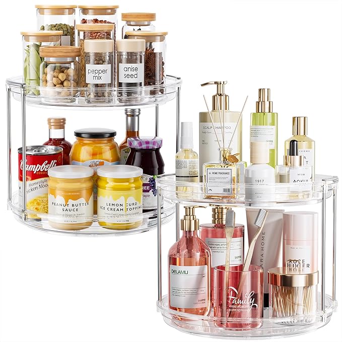 2 Pack 2 Tier Lazy Susan Organizer,10.6 inches Lazy Susan Turntable for Cabinet,Stackable Turntable Organizer Rotating Spice Rack Organization for Kitchen Countertop,Pantry,Bathroom,Clear