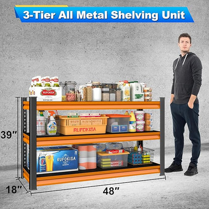 3-Tier Garage Shelving Heavy Duty,48" W Metal Shelving Unit for Garage,1600lbs Load Capacity Utility Rack Shelves & Shelves,48" W x 18" D x 39" H(Orange)