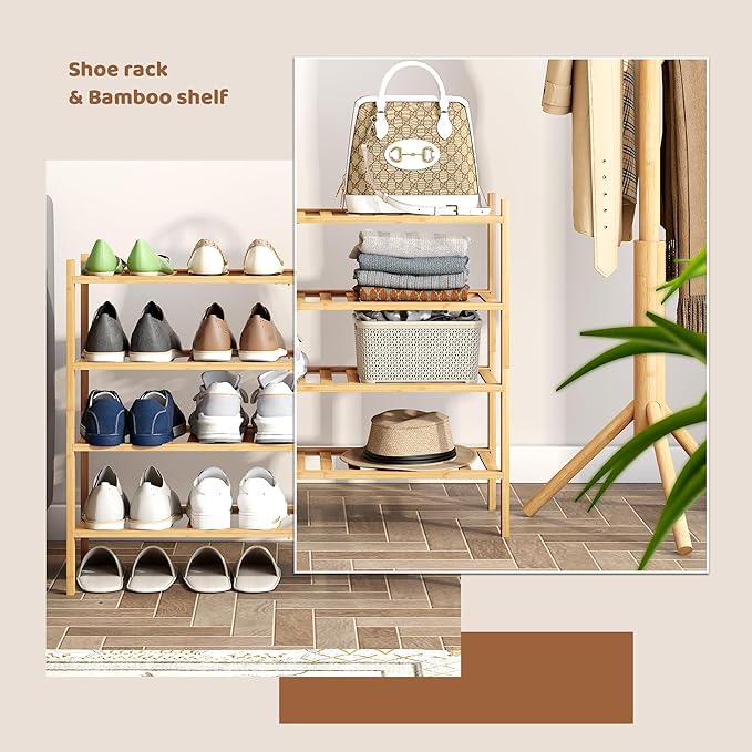 Bamboo Shoe Rack Stackable Shoe Shelf Storage Organizer for Unit Entryway Hallway and Closet Sturdy Freestanding Shoe Shelf (4L Tier Natural)