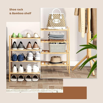 Bamboo Shoe Rack Stackable Shoe Shelf Storage Organizer for Unit Entryway Hallway and Closet Sturdy Freestanding Shoe Shelf (4L Tier Natural)