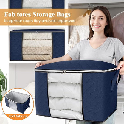 Fab totes 24 Gallons Clothes Storage, Foldable Thick Fabric Blanket Storage Bags, Containers for Organizing Bedroom, Closet, Clothing, Comforter, Organization with Handle (4 Pack,Blue)