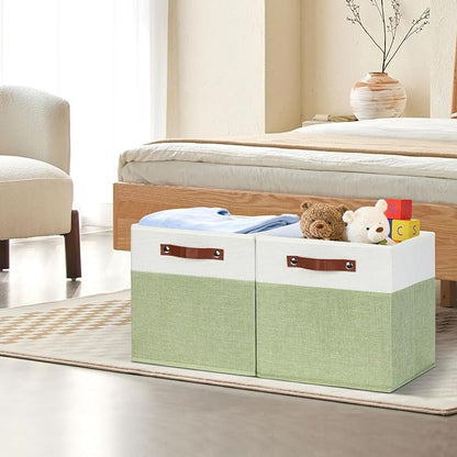 DULLEMELO Fabric Storage Cubes, 12x12 Storage Cube Bins for Organizing, Foldable Storage Baskets Square Cloth Bins for Cube Storage, Cube Organizer for Storage,White&Green