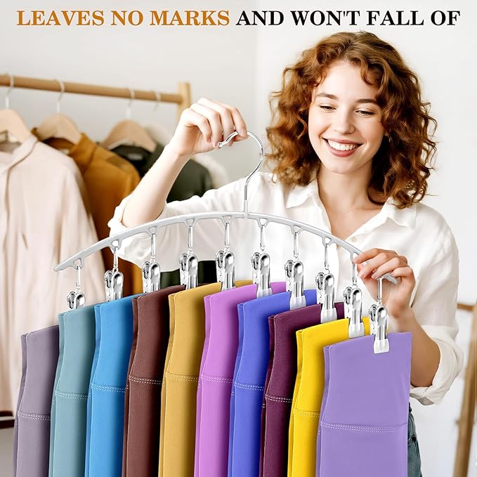 Legging Organizer for Closet, Metal Yoga Pants Hangers 2 Pack w/10 Clips Holds 20 Leggings, Space Saving, Clips Hanger for Pants, Shorts, Scarf, Hats (Black+Grey)