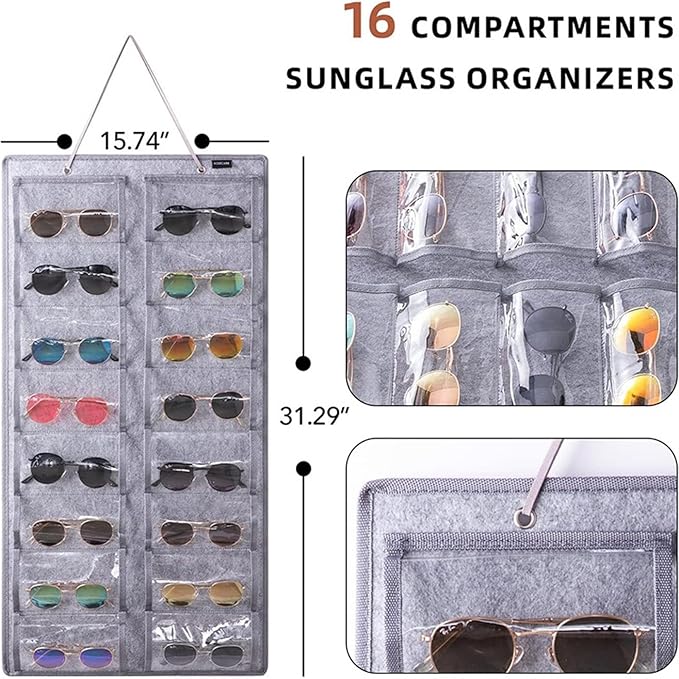Sunglasses Organizer Storage,Hanging Sunglass Holder Organizer for Wall 16 Slots Double Sided Glasses Organizer