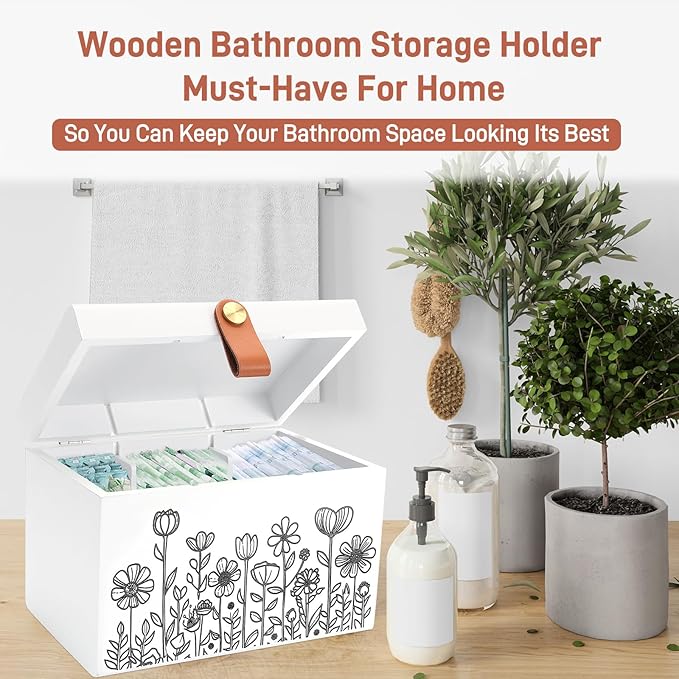 100% Solid Wood Tampon Holder Box with Lid, Copper Leather Pull, Absolute Real Wood Bathroom Decorative Box for Feminine Product Storage and Accessories such as Tampons, Cotton Balls, Gifts for Women