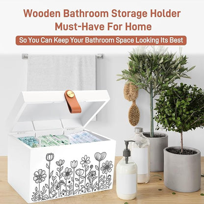 100% Solid Wood Tampon Holder Box with Lid, Copper Leather Pull, Absolute Real Wood Bathroom Decorative Box for Feminine Product Storage and Accessories such as Tampons, Cotton Balls, Gifts for Women