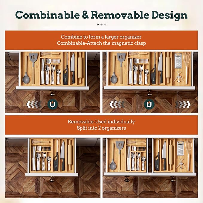 Silverware Organizer Large, Magnetic Connected Expandable 11 Slots Silverware Drawer Organizer From 21 to 37.4 Inches, Adjustable Flatware and Cutlery Holder, Bamboo Utensil Tray for Kitchen Natural