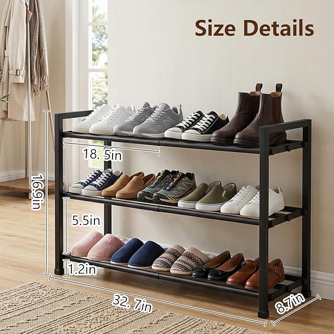 jessie 3-Tier Expandable Shoe Rack, Heavy Duty Metal Freestanding Shoe Shelf Storage Organizer for Entryway Closet Doorway (3 layer)