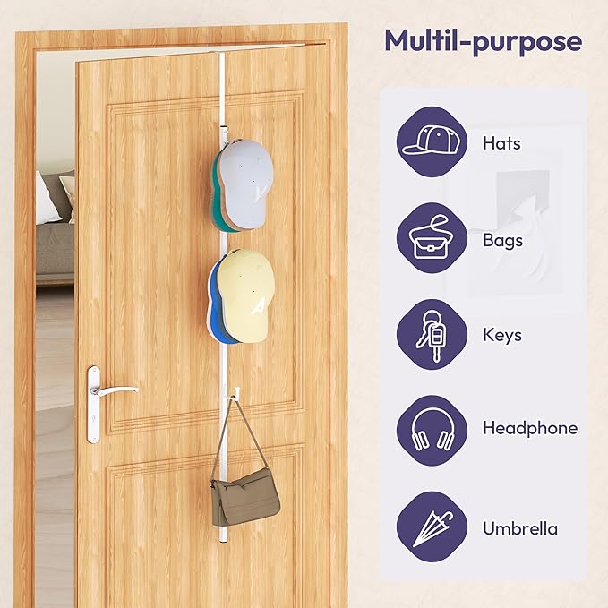 SWTYMIKI Over Door Hat Rack -1 Packs Metal Hanging Hat Organizer with 4 Hooks Design, Baseball Cap Hanger Organizer Storage Holds up to 20 Caps for Door, Bedroom, Closet