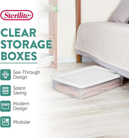 Sterilite 6 Pack Storage Box, 41 Quart Stackable Tote, Clear Plastic Container with Secure Snapping Lids for Home and Office Organization, White