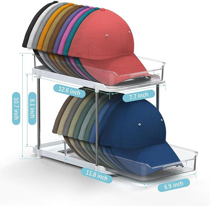 Gomyrod Hat Rack for Baseball Caps, 2-Tier Clear Hat Organizer for Closet Space Saving Hat Storage Holds up to 20 Caps, Pull-Out Cabinet Organiser with Track for Closet & Bedroom