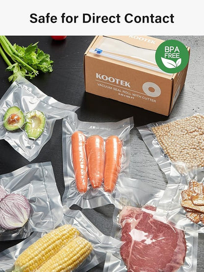 Kootek 8" x 150' Vacuum Sealer Bags Roll for Food with Cutter Dispenser, Commercial Grade Vacuum Seal Bags, BPA Free, Customized Size Food Bags for Storage, Meal Prep and Sous Vide (Pack of 2)