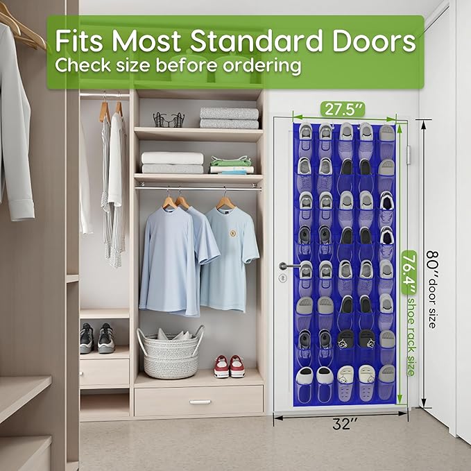 Over the Door Shoe Organizer with 40 Large Breathable Mesh Pockets, Space Saving Shoe Holder, Hanging Shoe Rack for Entryway Bedroom Closet Storage (Navy Blue, 40 Pockets)