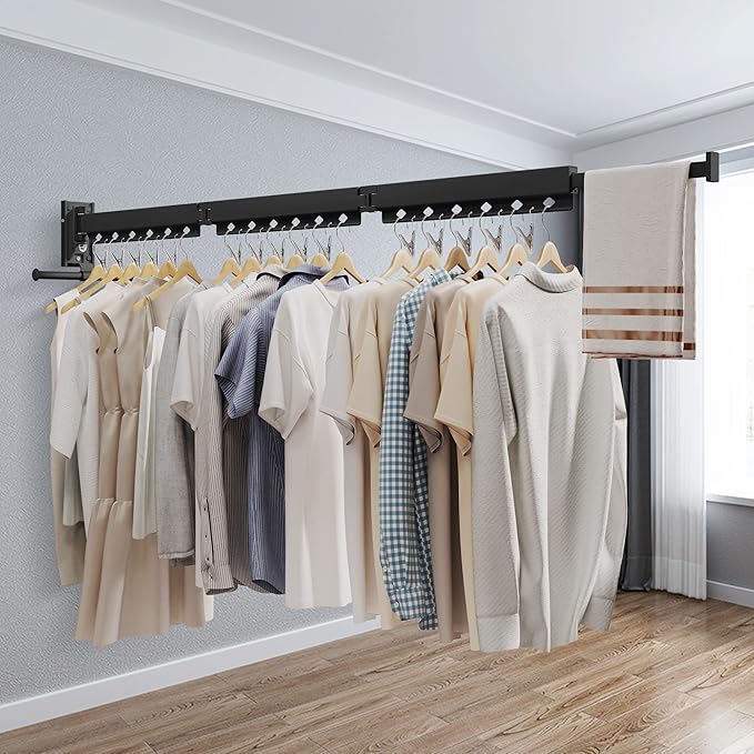 ZdwCyl Wall Mounted Clothes Hanger, Aluminum Clothes Drying Rack, Space Saver, Retractable, Windproof Holes, with Clips