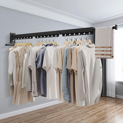 ZdwCyl Wall Mounted Clothes Hanger, Aluminum Clothes Drying Rack, Space Saver, Retractable, Windproof Holes, with Clips