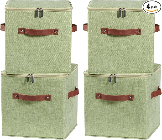 4PCS Storage Cubes with Lid Fabric Storage Bins Boxes PU Leather Handles Cotton Linen Closet Organizer Container Decorative Foldable Washable Shelf Cloth Basket (Zipper Lid, Green, 11in)