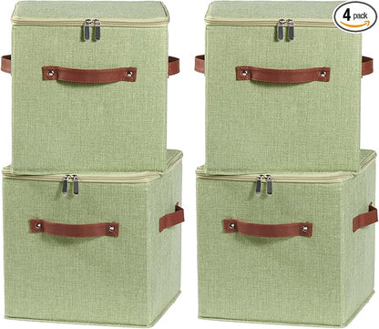 4PCS Storage Cubes with Lid Fabric Storage Bins Boxes PU Leather Handles Cotton Linen Closet Organizer Container Decorative Foldable Washable Shelf Cloth Basket (Zipper Lid, Green, 11in)