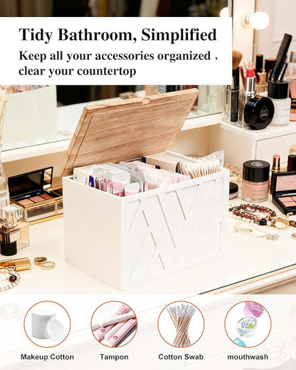 Tampon Holder for Bathroom Decor Feminine Product Organizer With Lid Shark Week Box Wooden Pad Girl Stuff Box (BLACK, lid) (1, WHITE)
