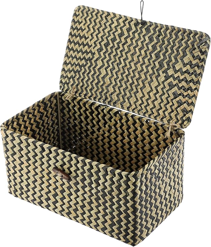 Hipiwe Wicker Shelf Baskets with Lid Seagrass Storage Baskets Handwoven Household Organizer Rectangular Woven Organizer Box for Storage Shelf Wardrobe,Medium