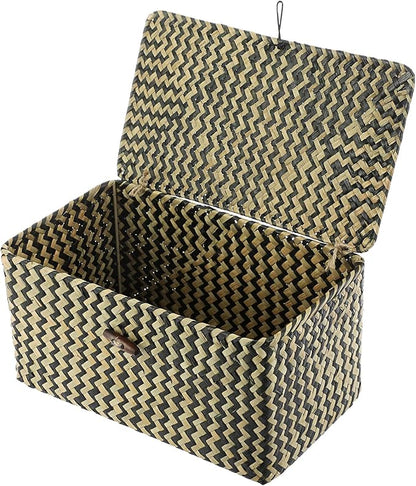 Hipiwe Wicker Shelf Baskets with Lid Seagrass Storage Baskets Handwoven Household Organizer Rectangular Woven Organizer Box for Storage Shelf Wardrobe,Medium