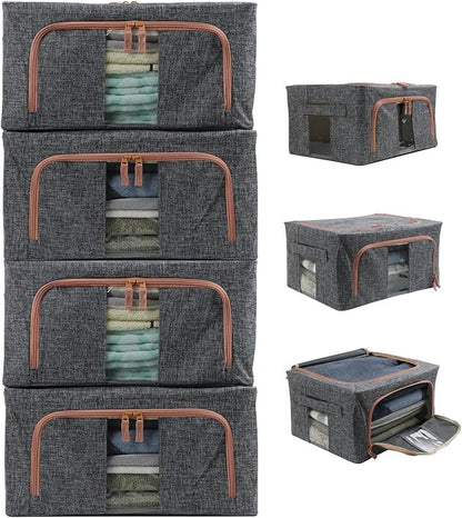 Linen Clothes Storage Bins, 4PCS Sturdy Closet Organizers and Storage Bin with Metal Frame, 2 Opening Ways Fabric Visible Lidded Storage Box for Organizing Clothing,Jeans,Sheets (4PC Gray, 22Liters)