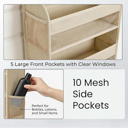Over the Door Organizer with Toiletry Bag - 5 Shelf Hanging Organizer with 5 Large Pockets - Heavy Duty Storage for Bedroom, Bathroom, Pantry, Nursery (Beige)