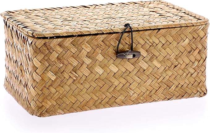 Hipiwe Wicker Shelf Baskets Bin with Lid, Handwoven Seagrass Basket Storage Bins Rectangular Household Basket Boxes for Shelf Wardrobe Home Organizer, Caramel X-Small