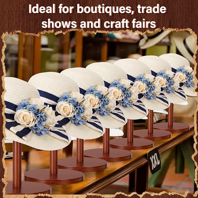 Weysat 4 Pack Wooden Hat Display Stand with Round Base Brown Rustic Vintage Hat Rack Holder for Wig Cap Helmet Boutique Jewelry Organizer for Home Store Tabletop Shelf Decor, 12 x 6 x 4 Inches
