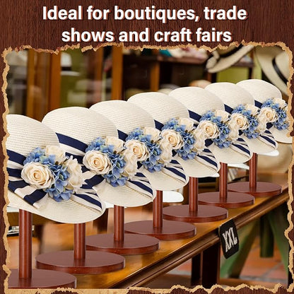 Weysat 4 Pack Wooden Hat Display Stand with Round Base Brown Rustic Vintage Hat Rack Holder for Wig Cap Helmet Boutique Jewelry Organizer for Home Store Tabletop Shelf Decor, 12 x 6 x 4 Inches