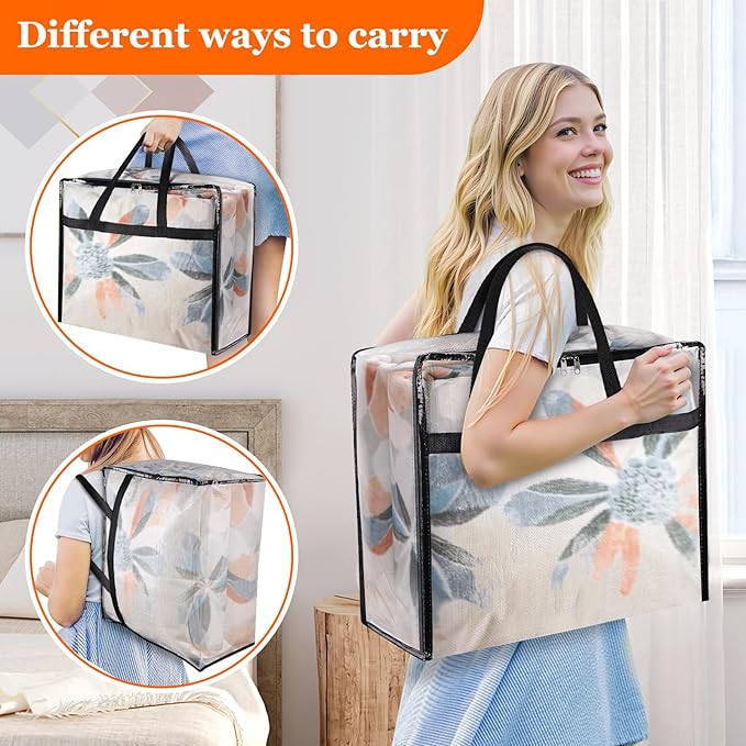 TasticTotes 6 Pack Clear Storage Bags for Comforter, Clothes & Bedding, Plastic Blanket Storage with Zipper and Handle, Moving Bags, Closet Organizer and Under-Bed Storage (60L)