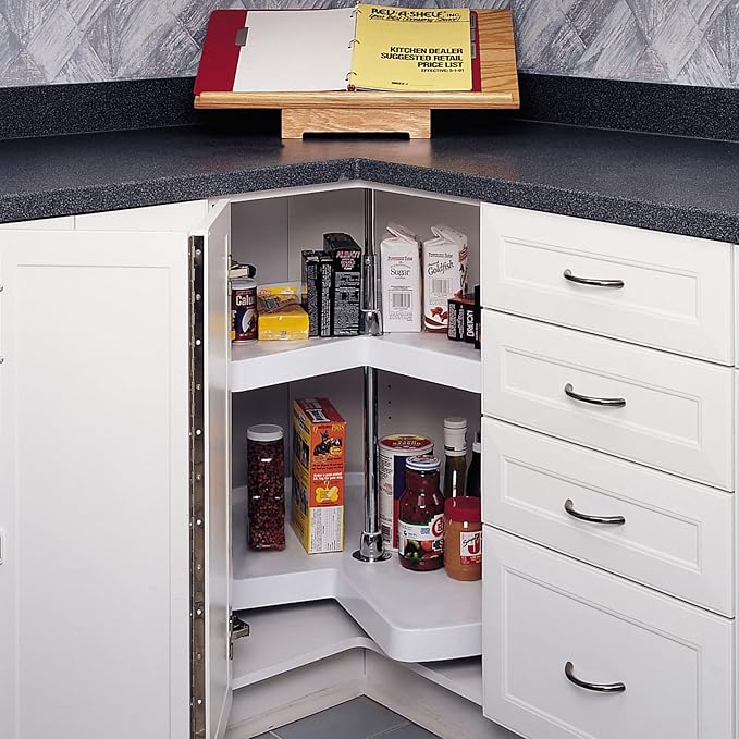 Rev-A-Shelf 24" Kidney Shaped Dual Tier Lazy Susan Organizer for Corner Base Kitchen Cabinets, Plastic Home Storage Shelves, White, 6472-24-11-52