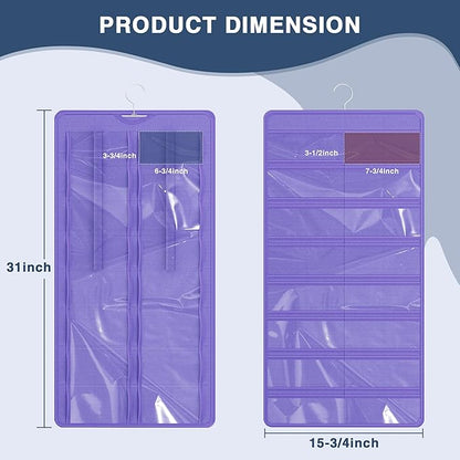 Hanging Sunglasses Organizer and Storage, Dual-Sided Sunglasses Case and Jewelry Holder, Wall-Mounted, 32 Clear Slots, Dust-Proof, Roof Design for Travel, Purple