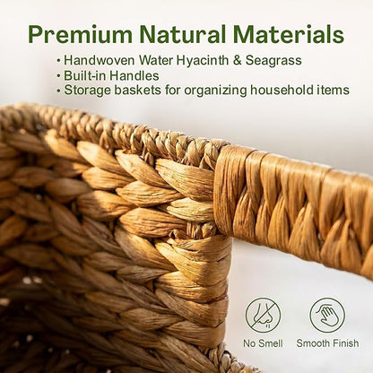 Medium Wicker Storage Baskets with Handles, Natural Seagrass and Hyacinth Woven Storage Basket for Organizing Shelves, Bedroom, Pantry, Rectangular, 15.5 x 9.5 x 6.5 Inches