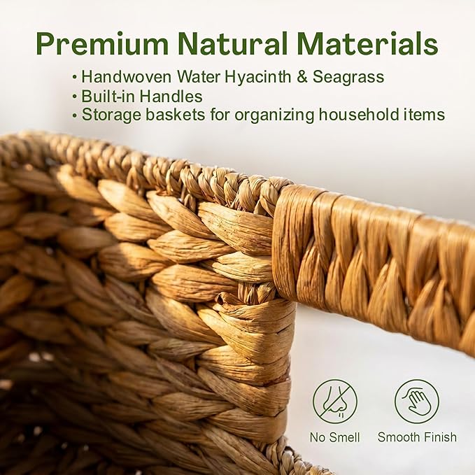 Large Wicker Storage Baskets with Handles, Natural Seagrass and Hyacinth Woven Storage Basket for Organizing Shelves, Closet, Pantry, Living Room, 17 x 11 x 7.5 Inches