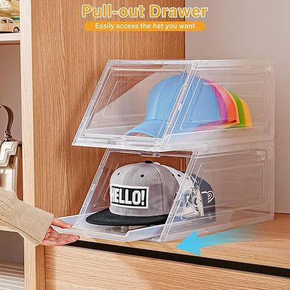 Amllas 2 Pack Stackable Hat Organizer for Baseball Caps, Large Clear Hat Holder with Sliding Drawer, Hat Storage Box with Door, Baseball Cap Organizer