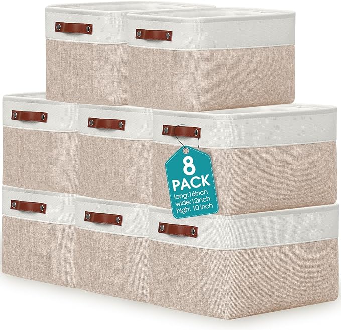 Uiifan 8 Pack 16 x 12 x 10 Inch Large Storage Baskets Collapsible Fabric Storage Cubes Bins with Handles for Shelves Closets Nursery Home Clothes Toys Organizers, Beige
