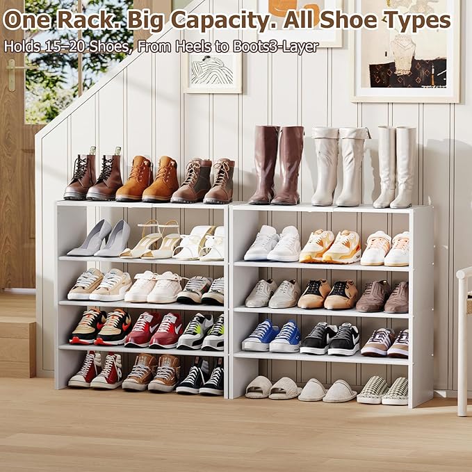 X-cosrack 5 Tier Shoe Rack, Stackable Shoe Organizer for Closet, Large Vertical Shoe Shelf with MDF Wood Side Panels & Metal Top, Waterproof Oxford Fabric Shoe Storage for Entryway, Zapateras