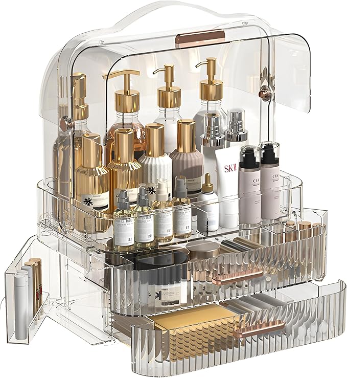 Clear Cosmetics Storage Box Transparent Lid Large Makeup Organizer Box Drawers Portable Handle Waterproof Dustproof Skincare Display Cases for Countertop Bathroom Dresser Gift